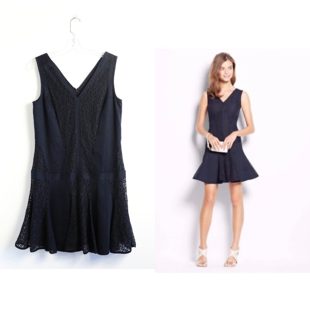 Ann Taylor navy blue short dress lace mixed fabric cotton floral cocktail 6 M
